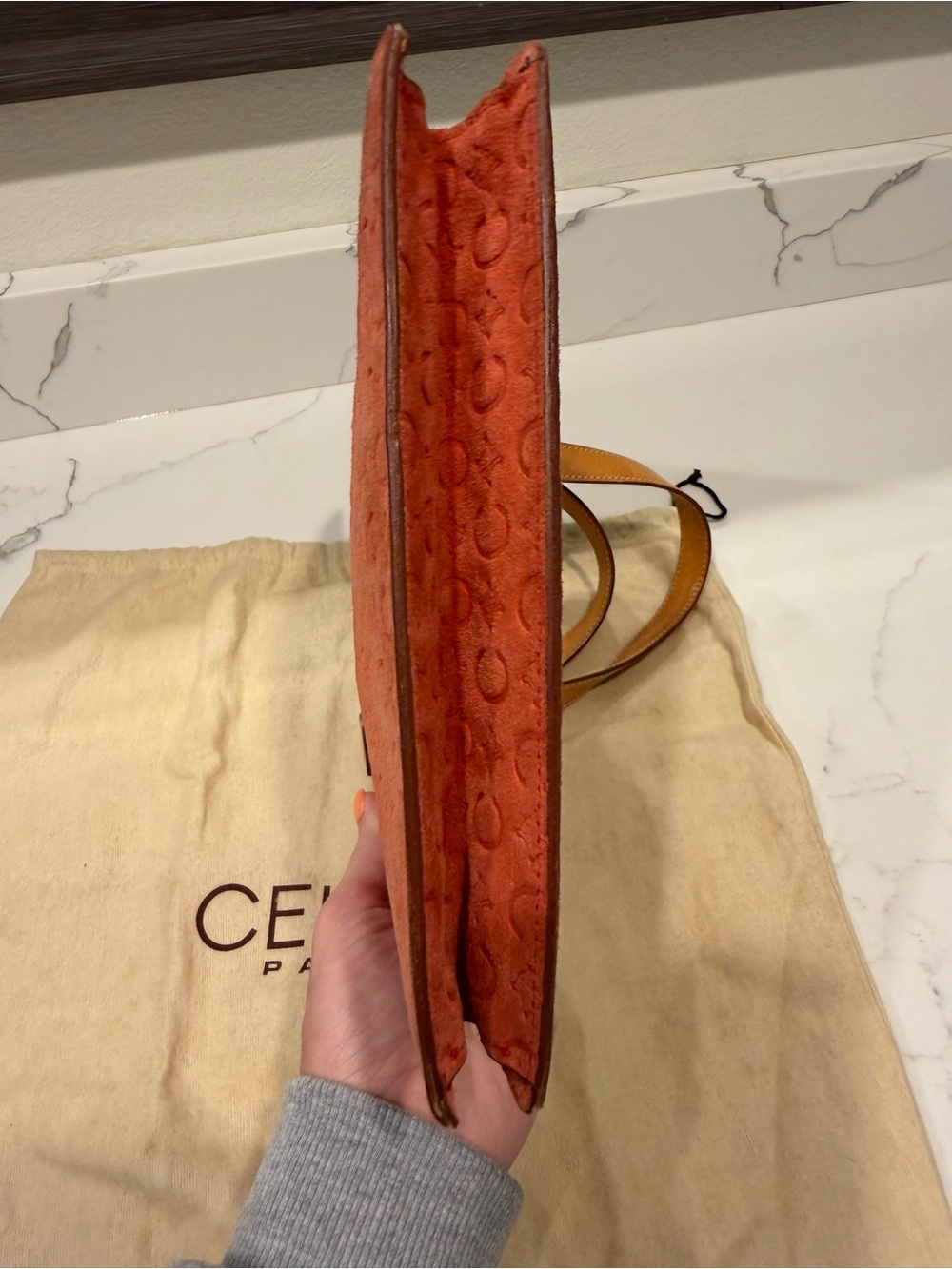 Celine Orange Suede Tote with Tan Leather Handles - Picture 7 of 12